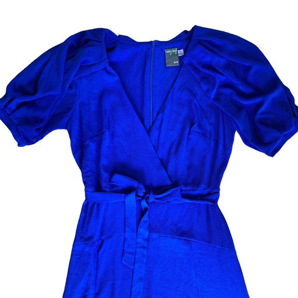 Gabby Skye Size 8 Blue Maxi Dress Puff Sleeve Tie Waist Faux Wrap NWOT - Picture 2 of 8